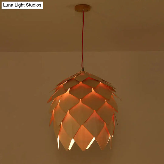 Nordic Wooden Hanging Lamp With Artichoke Design For Restaurants - 1 Head Pendant Light Fixture