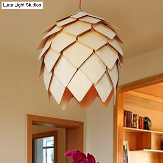 Nordic Wooden Hanging Lamp With Artichoke Design For Restaurants - 1 Head Pendant Light Fixture