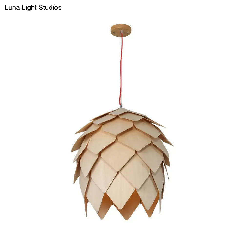 Nordic Wooden Hanging Lamp With Artichoke Design For Restaurants - 1 Head Pendant Light Fixture