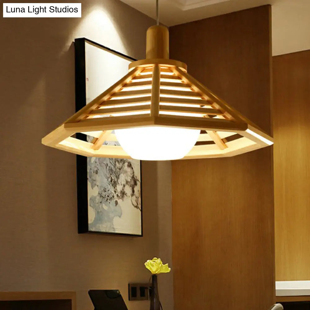 Nordic Wooden Conical Cage Hanging Ceiling Lamp With White Glass Shade - Restaurant Lighting Fixture