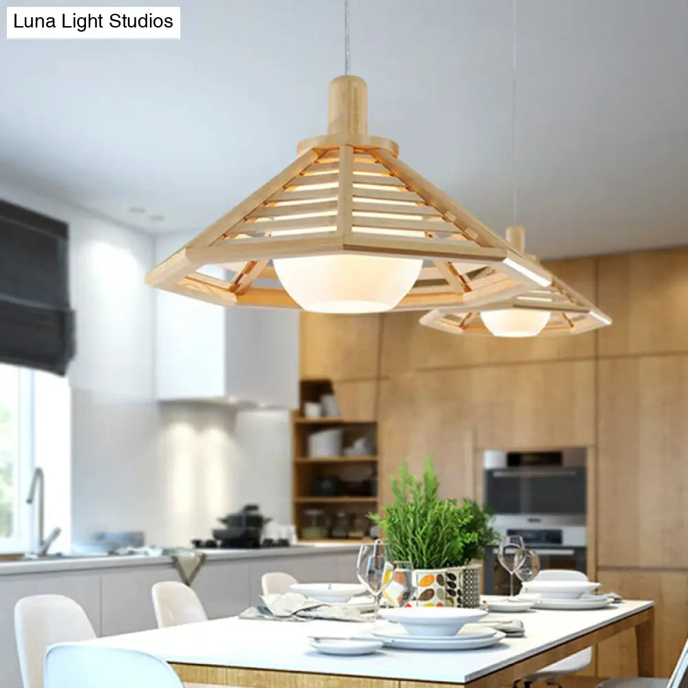 Nordic Wooden Conical Cage Hanging Ceiling Lamp With White Glass Shade - Restaurant Lighting Fixture