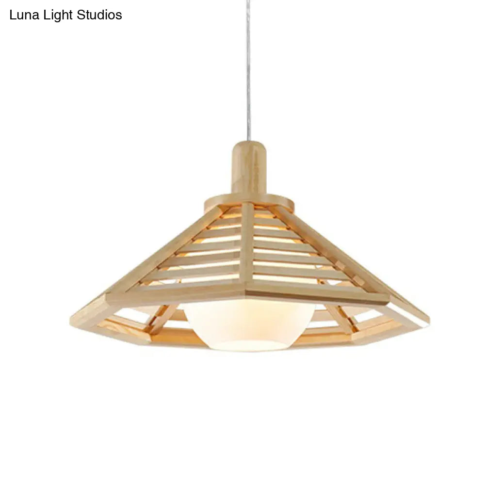 Nordic Wooden Conical Cage Hanging Ceiling Lamp With White Glass Shade - Restaurant Lighting Fixture