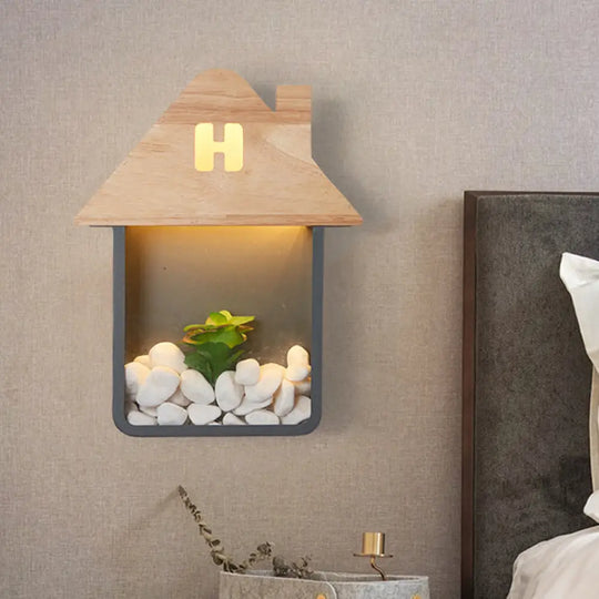 Nordic Wooden Led Wall Sconce Light With Storage Shelf - Grey/White/Green Grey