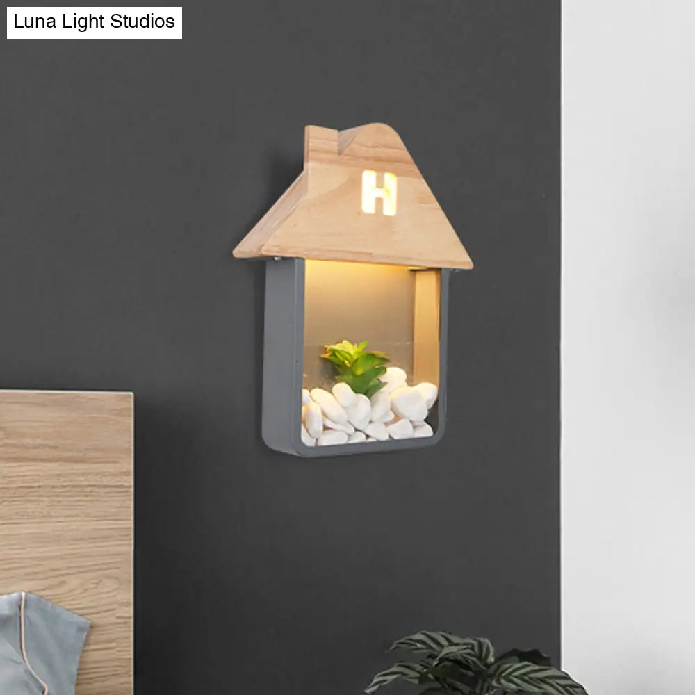 Nordic Wooden Led Wall Sconce Light With Storage Shelf - Grey/White/Green