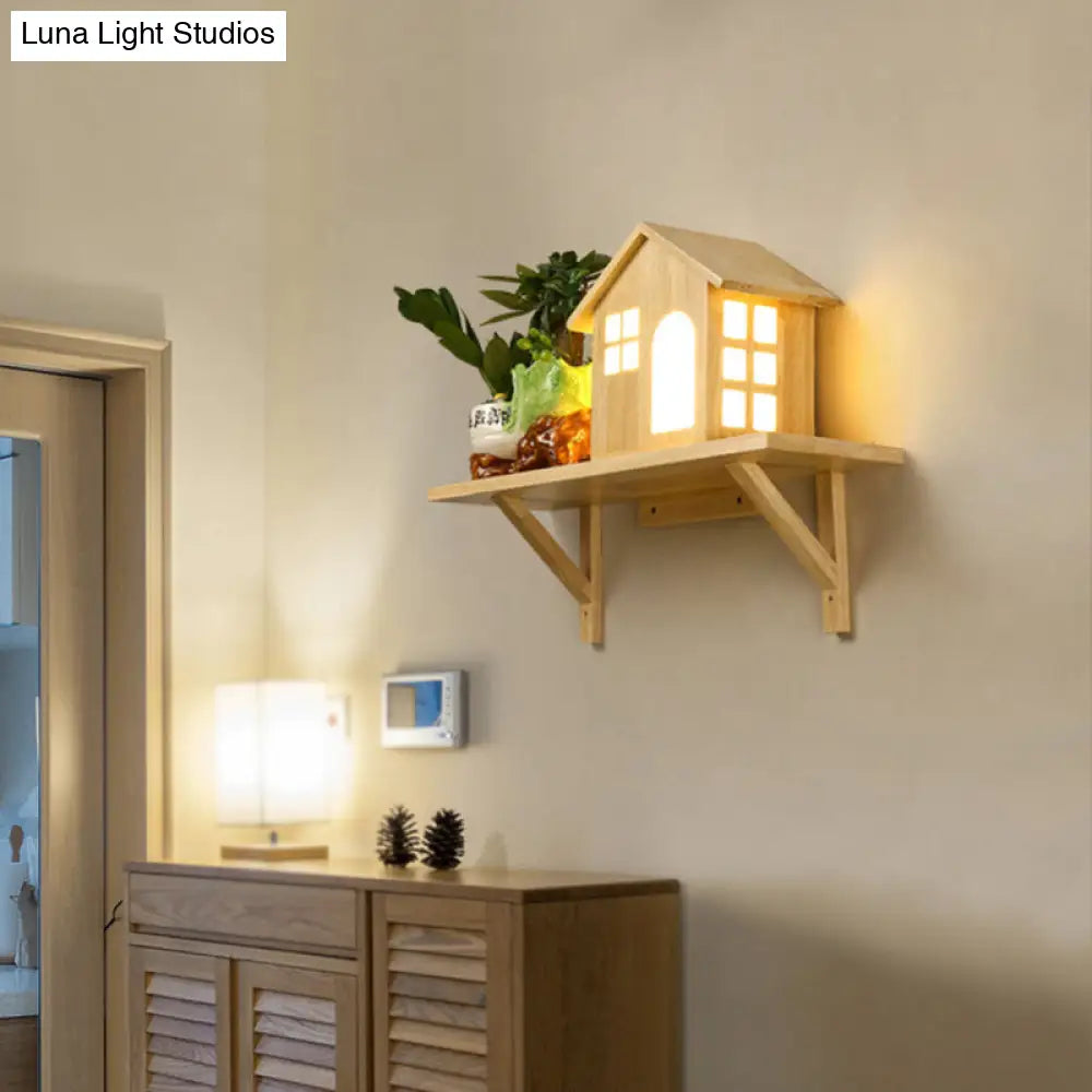 Nordic Wooden Led Wall Sconce With Storage Shelf - Beige Lodge Lamp Warm/White Light