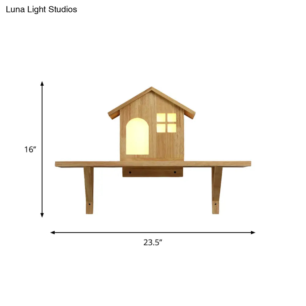 Nordic Wooden Led Wall Sconce With Storage Shelf - Beige Lodge Lamp Warm/White Light