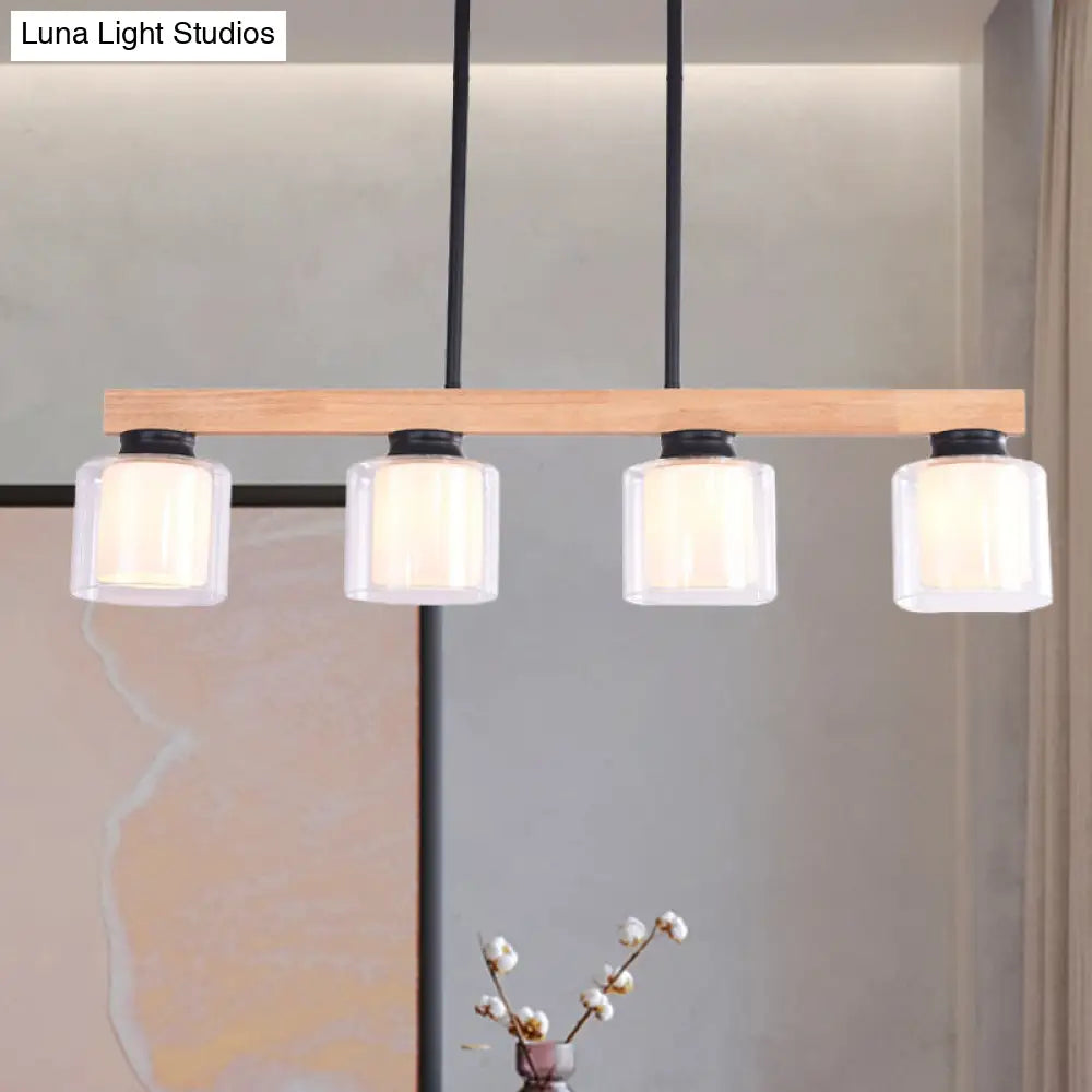 Nordic Wooden Linear Pendant With Double Glass Cylinder Shades For Restaurant Island Lighting