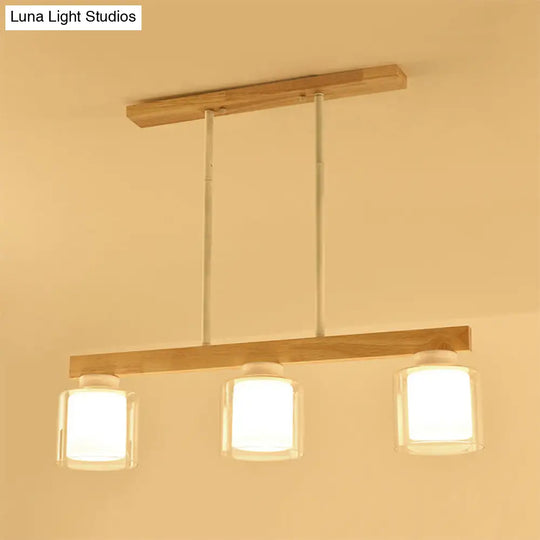 Nordic Wooden Linear Pendant With Double Glass Cylinder Shades For Restaurant Island Lighting