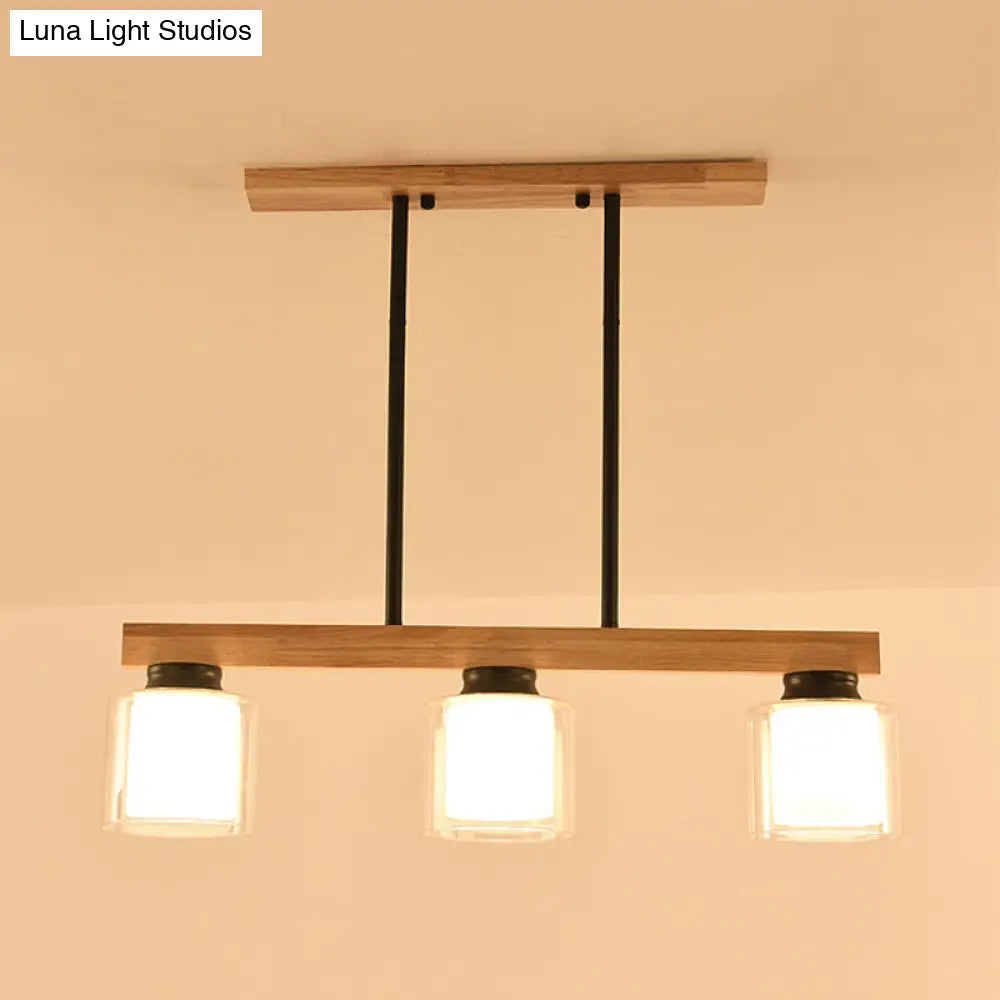 Nordic Wooden Linear Pendant With Double Glass Cylinder Shades For Restaurant Island Lighting