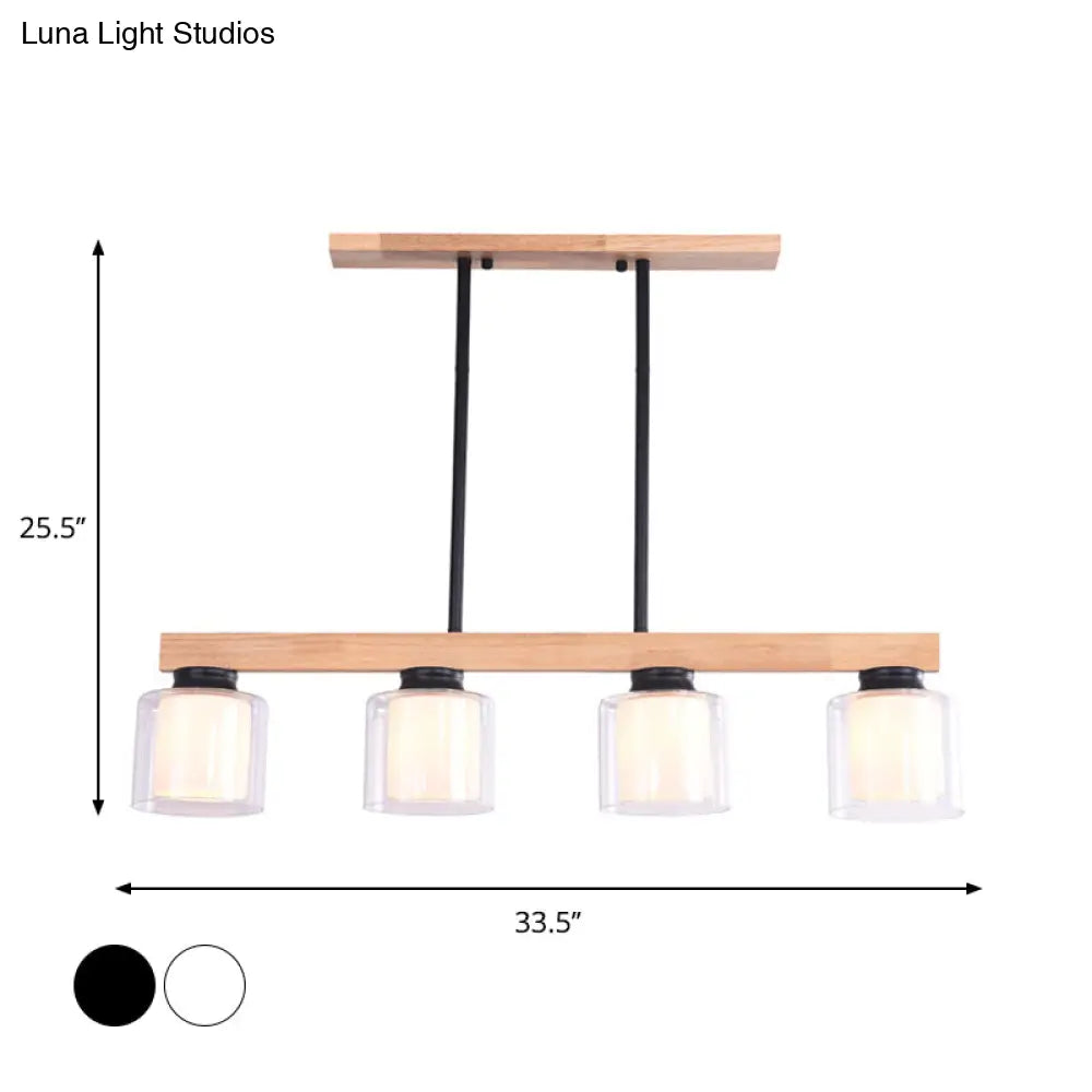 Nordic Wooden Linear Pendant With Double Glass Cylinder Shades For Restaurant Island Lighting