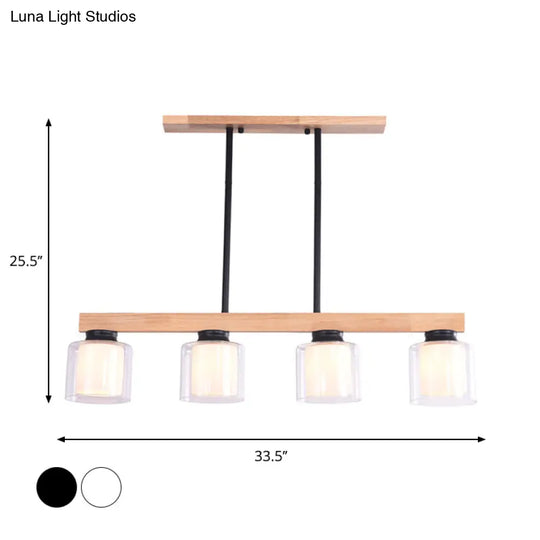 Nordic Wooden Linear Pendant With Double Glass Cylinder Shades For Restaurant Island Lighting