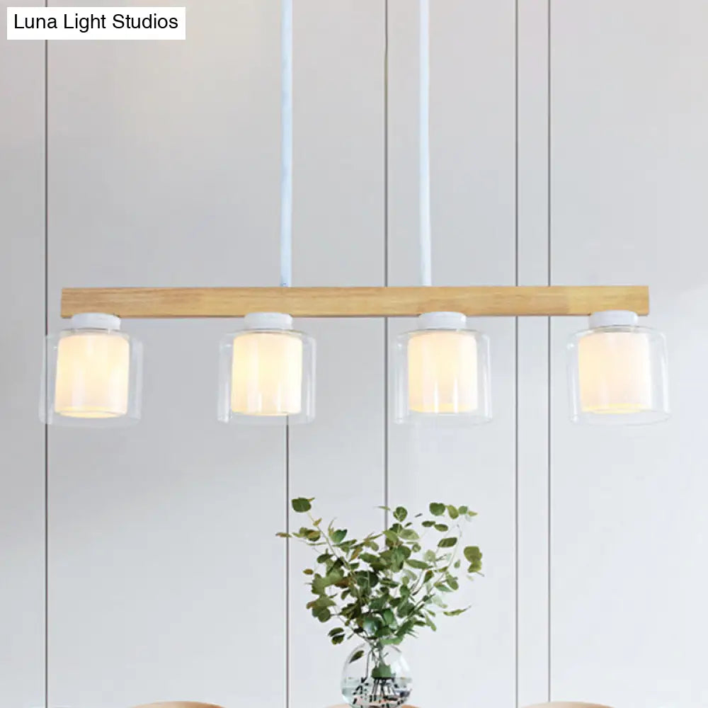 Nordic Wooden Linear Pendant With Double Glass Cylinder Shades For Restaurant Island Lighting