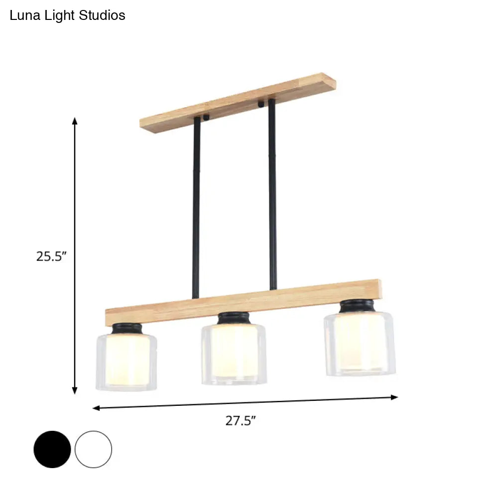 Nordic Wooden Linear Pendant With Double Glass Cylinder Shades For Restaurant Island Lighting