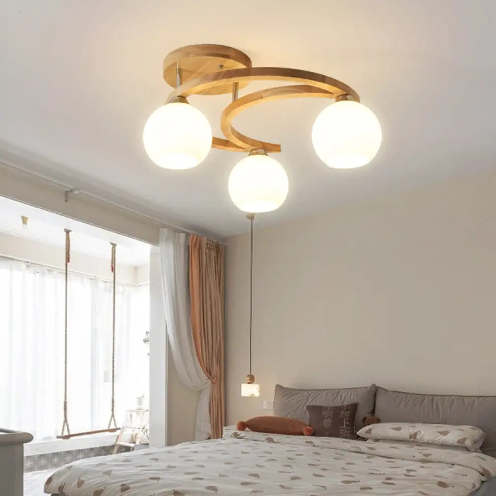 Nordic Wooden Semi Flush Bedroom Ceiling Lamp With Milk Glass Shade 3 / Wood