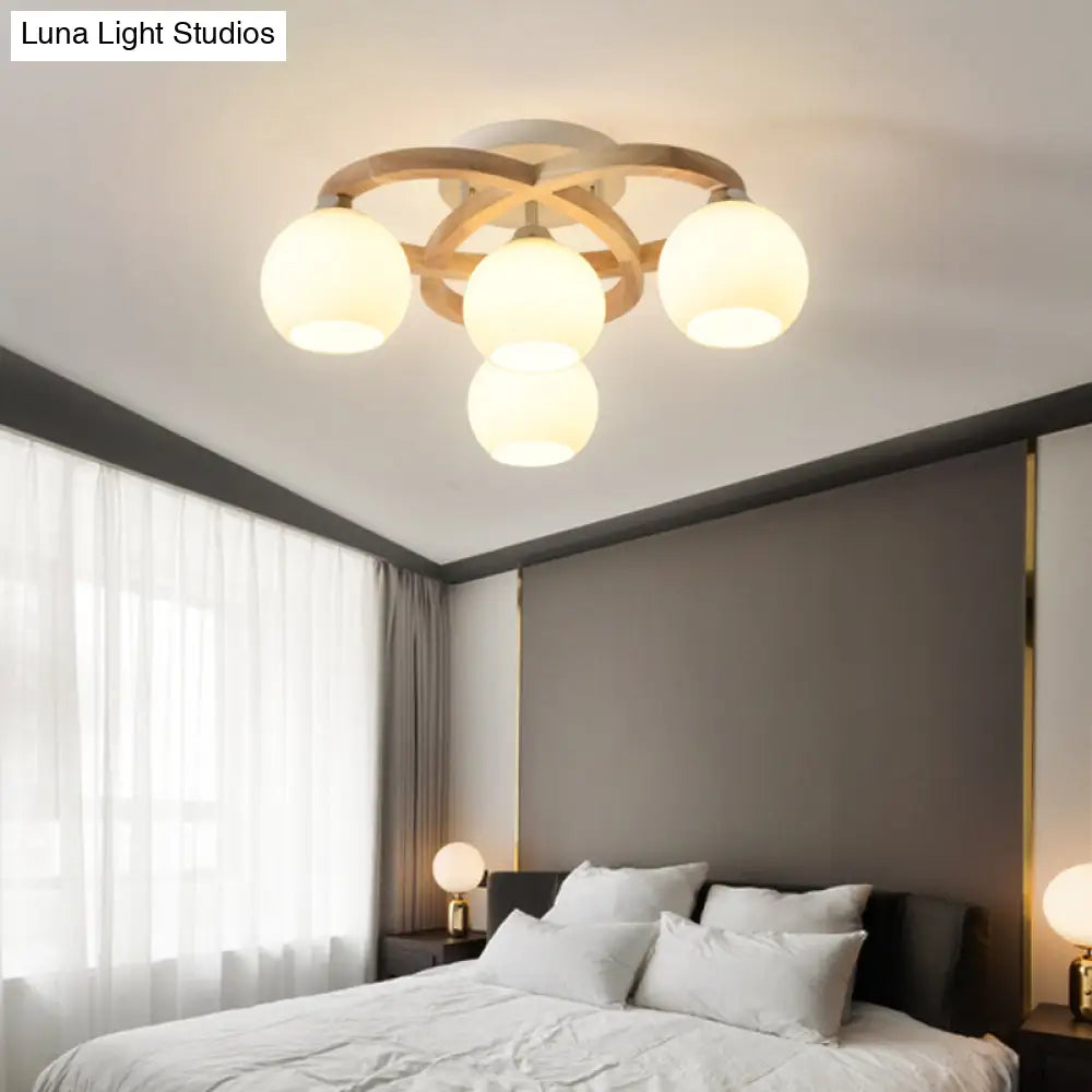 Nordic Wooden Crescent Ceiling Lamp - Semi Flush Light With Milk Glass Dome Shade For Bedroom 4 /