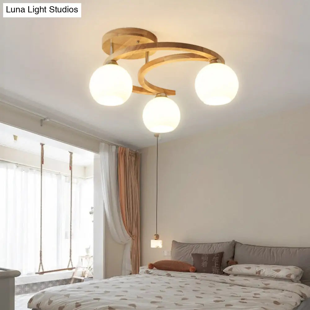 Nordic Wooden Crescent Ceiling Lamp - Semi Flush Light With Milk Glass Dome Shade For Bedroom 3 /