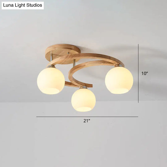 Nordic Wooden Crescent Ceiling Lamp - Semi Flush Light With Milk Glass Dome Shade For Bedroom
