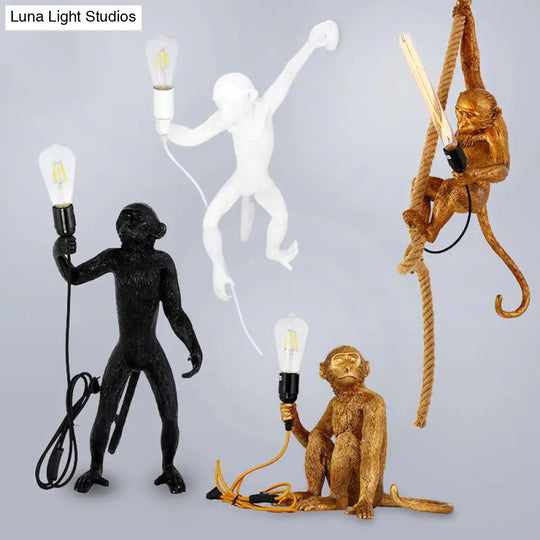 Monkey Pendulum Resin Light - Unique Lodge Pendant For Restaurants In Gold/Black/White With Rope