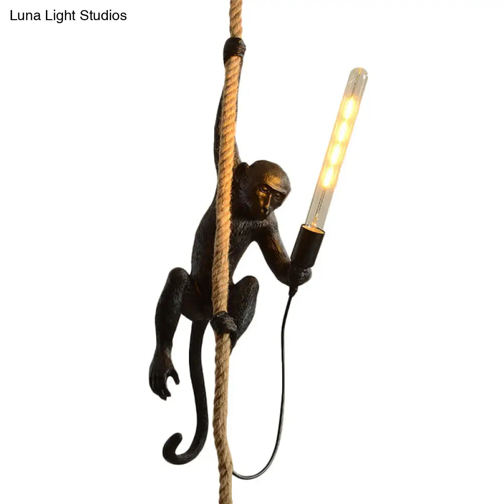 Monkey Pendulum Resin Light - Unique Lodge Pendant For Restaurants In Gold/Black/White With Rope