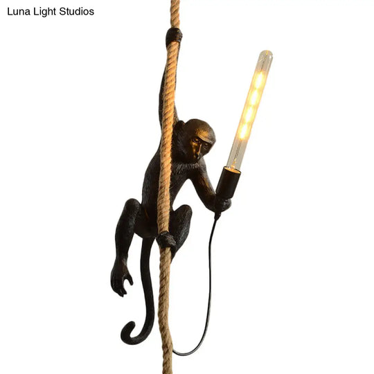 Monkey Pendulum Resin Light - Unique Lodge Pendant For Restaurants In Gold/Black/White With Rope