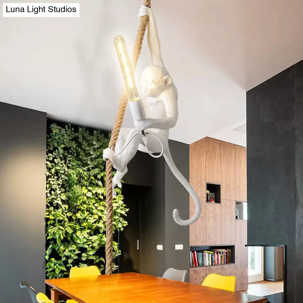 Monkey Pendulum Resin Light - Unique Lodge Pendant For Restaurants In Gold/Black/White With Rope