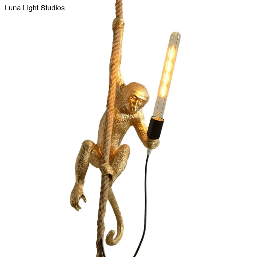 Monkey Pendulum Resin Light - Unique Lodge Pendant For Restaurants In Gold/Black/White With Rope