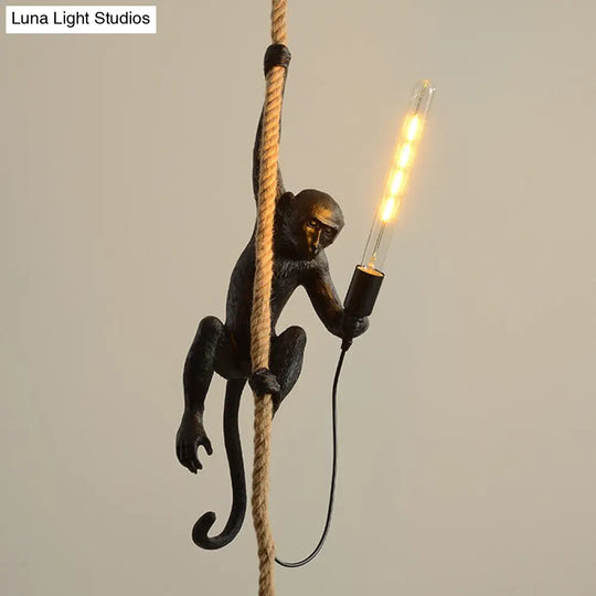 Monkey Pendulum Resin Light - Unique Lodge Pendant For Restaurants In Gold/Black/White With Rope