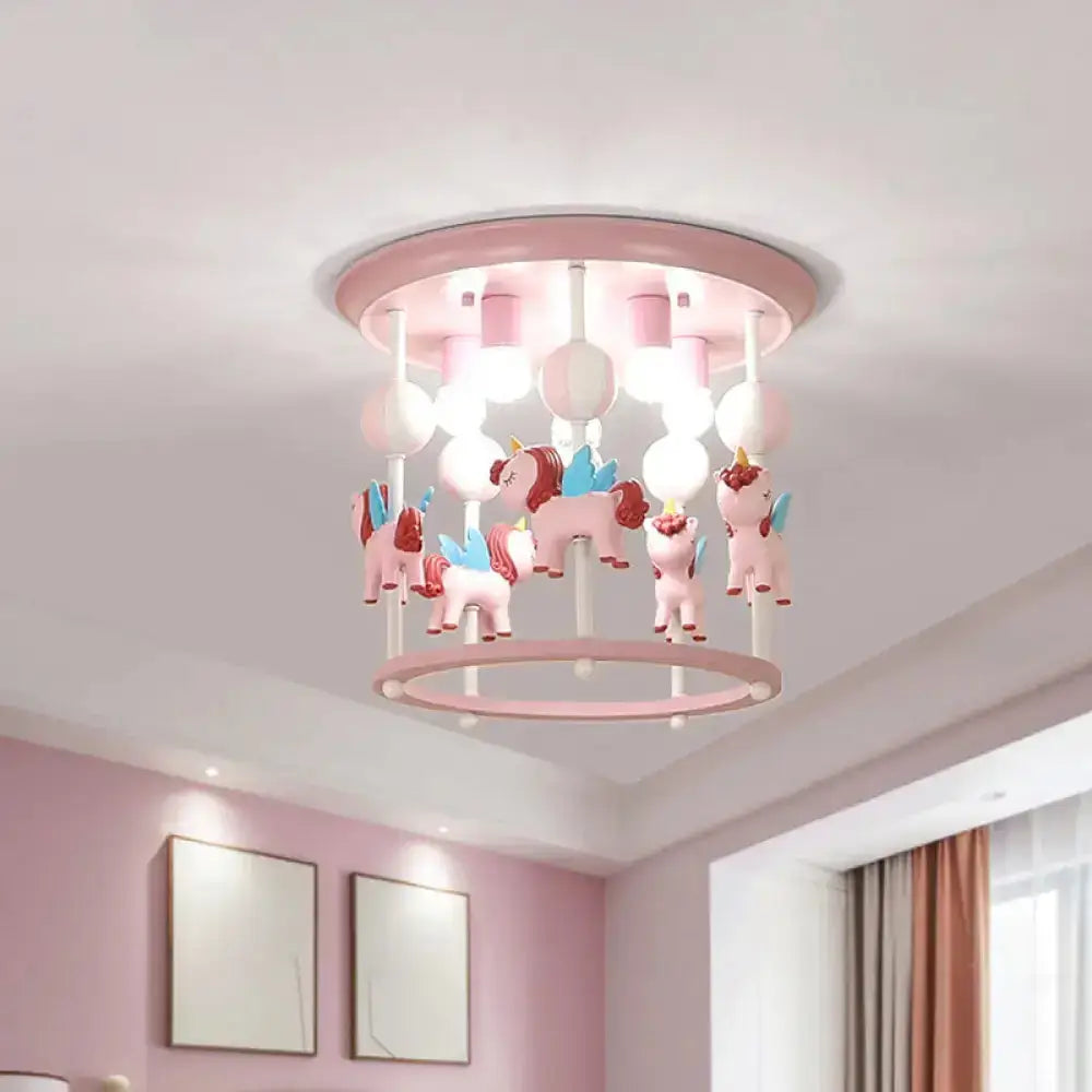 Nursery Flush Mount Light Fixture - Merry-Go-Round Resin 6 Heads Pink / A