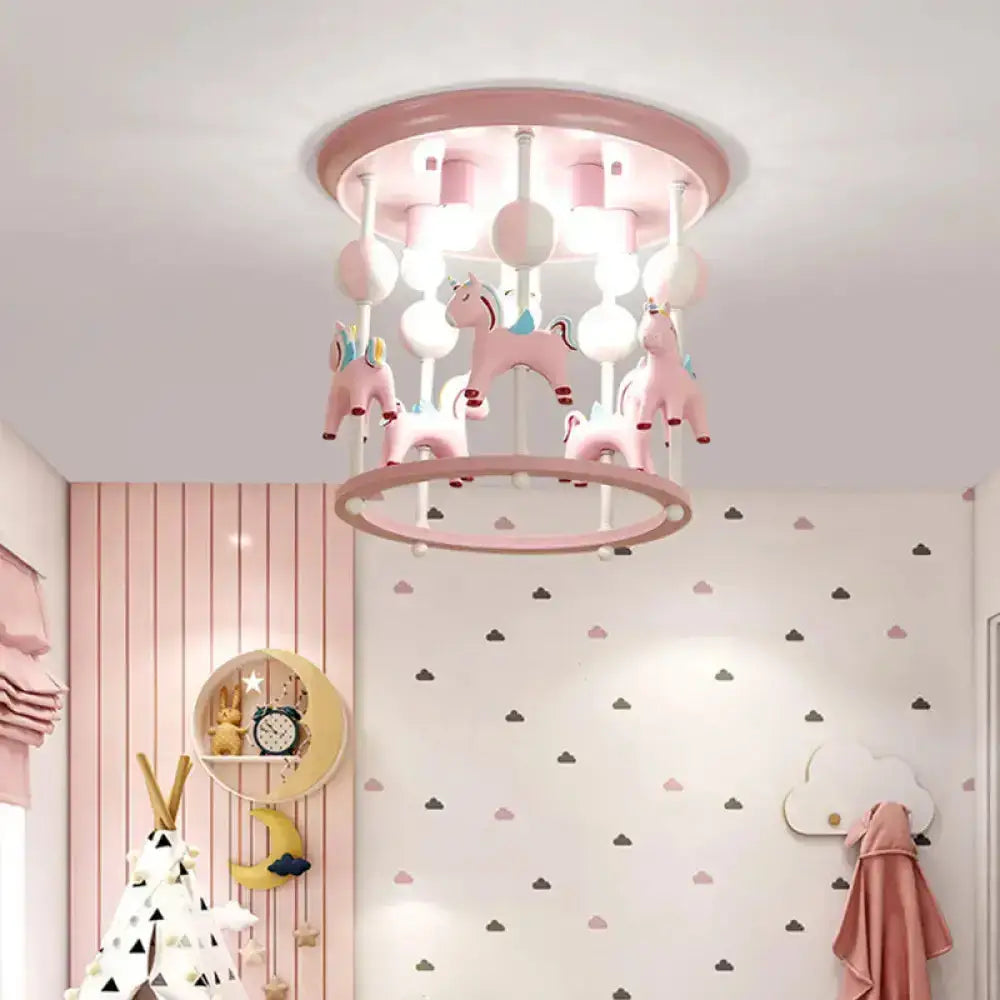 Nursery Flush Mount Light Fixture - Merry-Go-Round Resin 6 Heads Pink / B