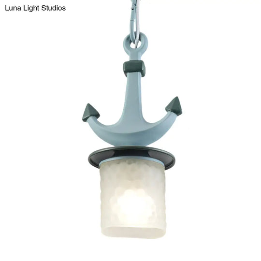 Nursery Hanging Lamp With Simple Dimpled Glass Shade - 1-Light Down Lighting In Black/Blue 6/13 W