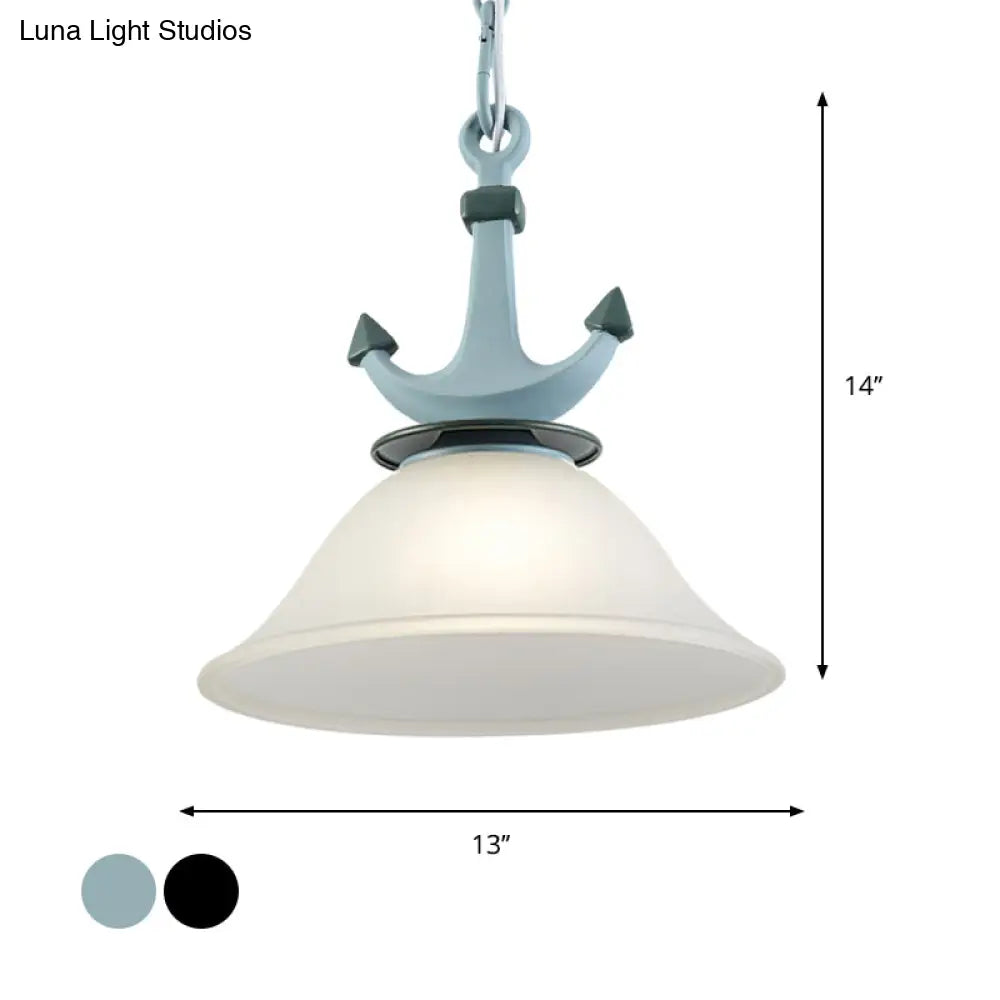 Nursery Hanging Lamp With Simple Dimpled Glass Shade - 1-Light Down Lighting In Black/Blue 6/13 W