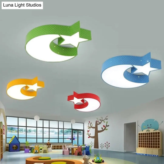 Nursery Led Cartoon Flush Mounted Lamp With Crescent And Star Ceiling Design In Multiple Colors