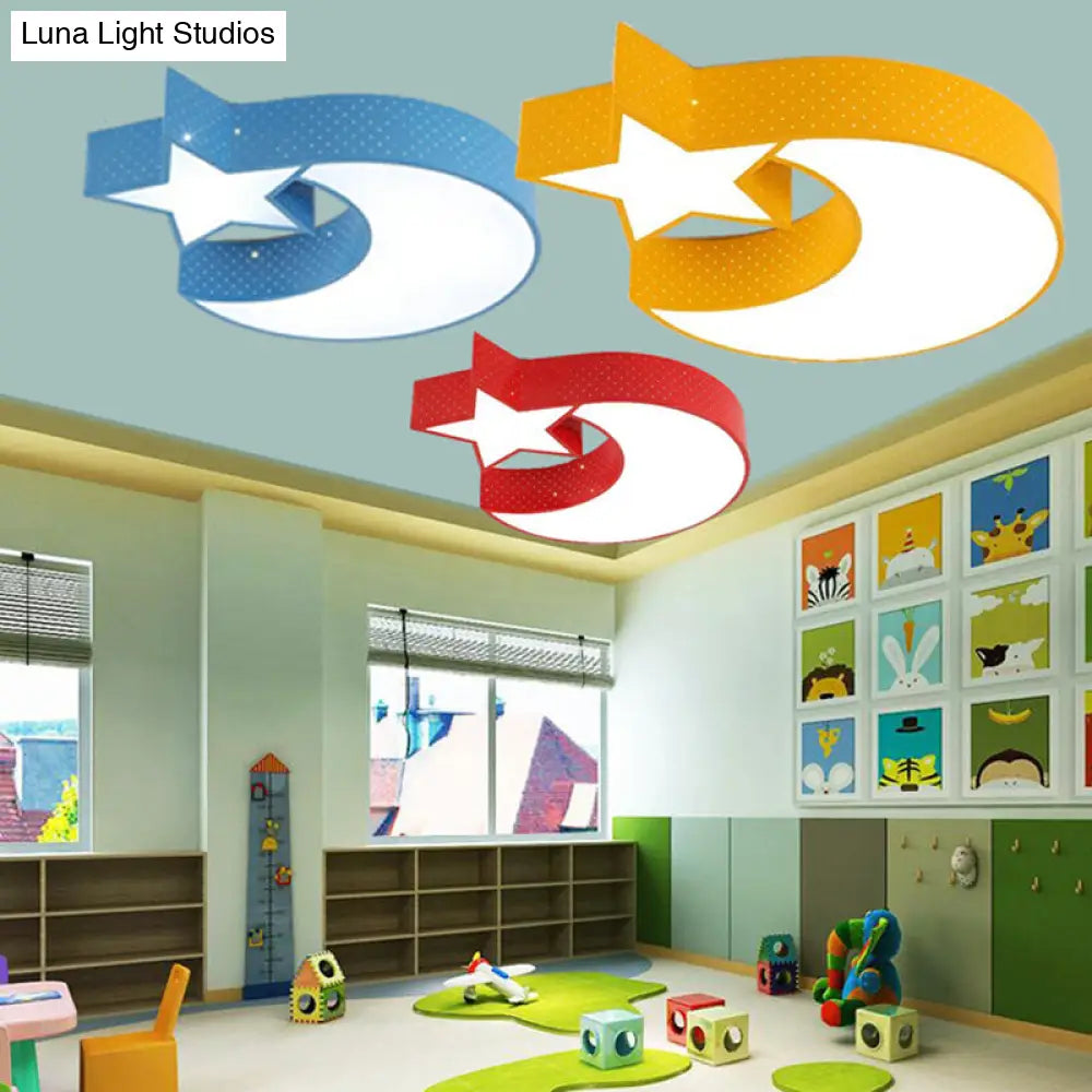Nursery Led Cartoon Flush Mounted Lamp With Crescent And Star Ceiling Design In Multiple Colors