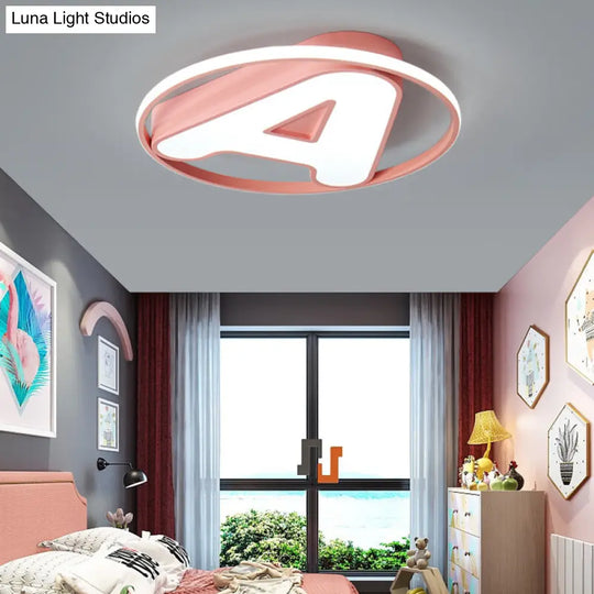 Nursing Room Led Circular Ceiling Lamp - Acrylic Kids Mount Light With Letter A Pink / White