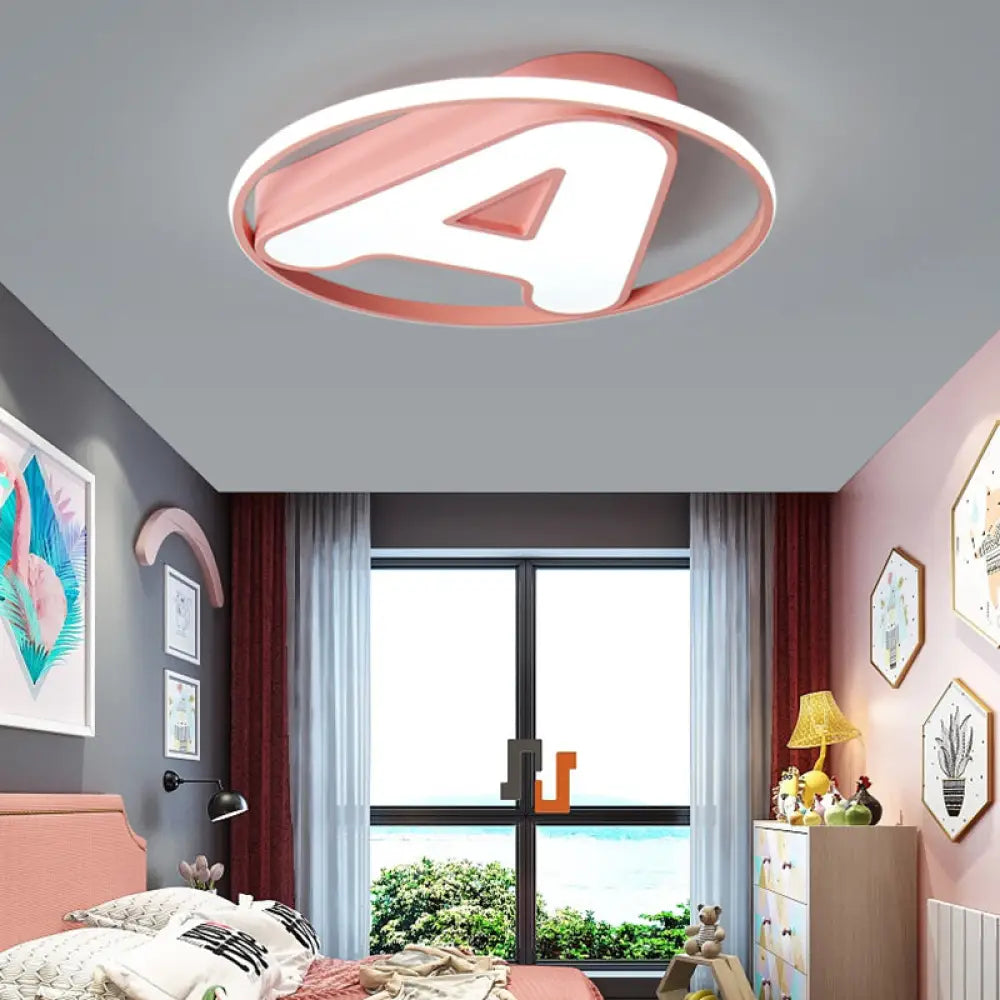 Nursing Room Led Circular Ceiling Lamp - Acrylic Kids Mount Light With Letter A Pink / White