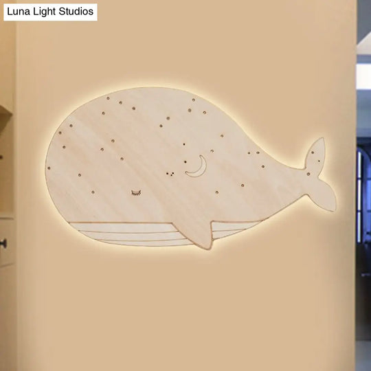 Nursing Room Oval Whale Wall Sconce - Wood Animal Beige Lamp Warm