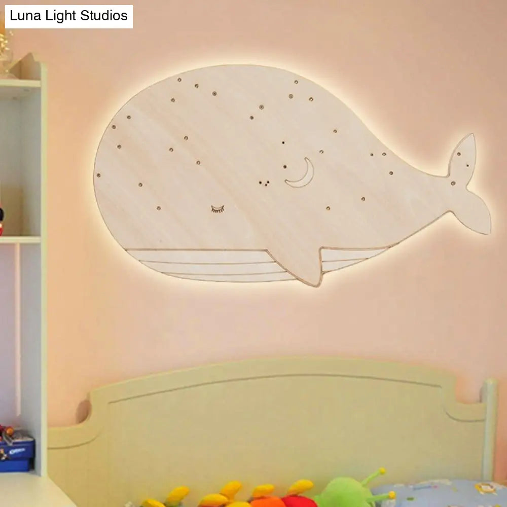 Nursing Room Oval Whale Wall Sconce - Wood Animal Beige Lamp Warm