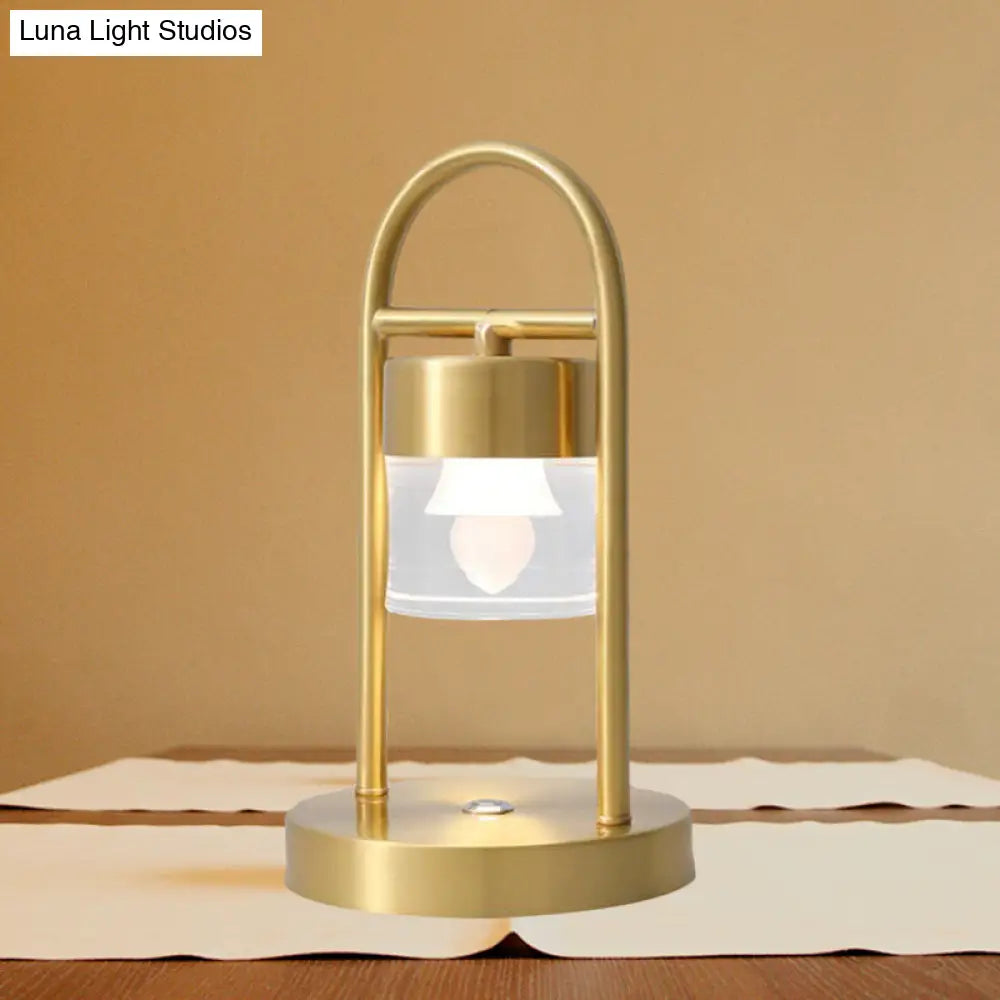 Minimalist Gold Column Led Desk Lamp With Clear Glass Shade And Metal Frame