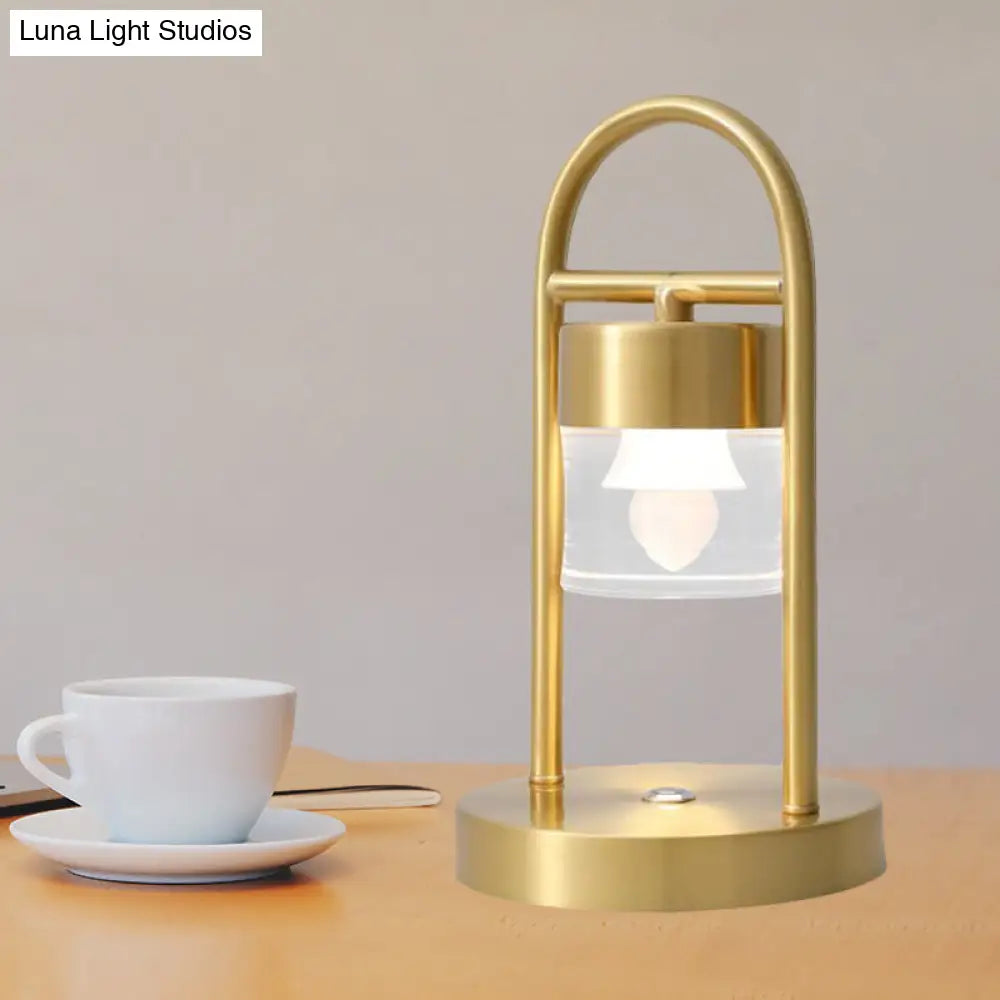 Minimalist Gold Column Led Desk Lamp With Clear Glass Shade And Metal Frame