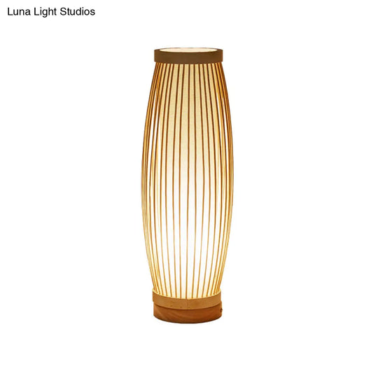 Oblong Bamboo Night Table Lamp - Asian Style Single Bulb Bedroom Desk Light With Fabric Shade