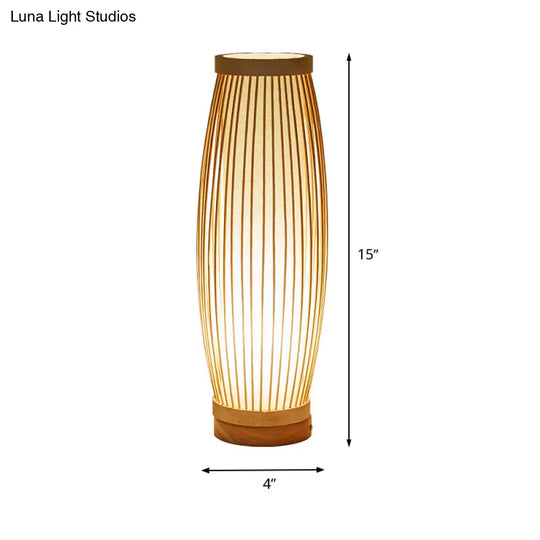 Oblong Bamboo Night Table Lamp - Asian Style Single Bulb Bedroom Desk Light With Fabric Shade