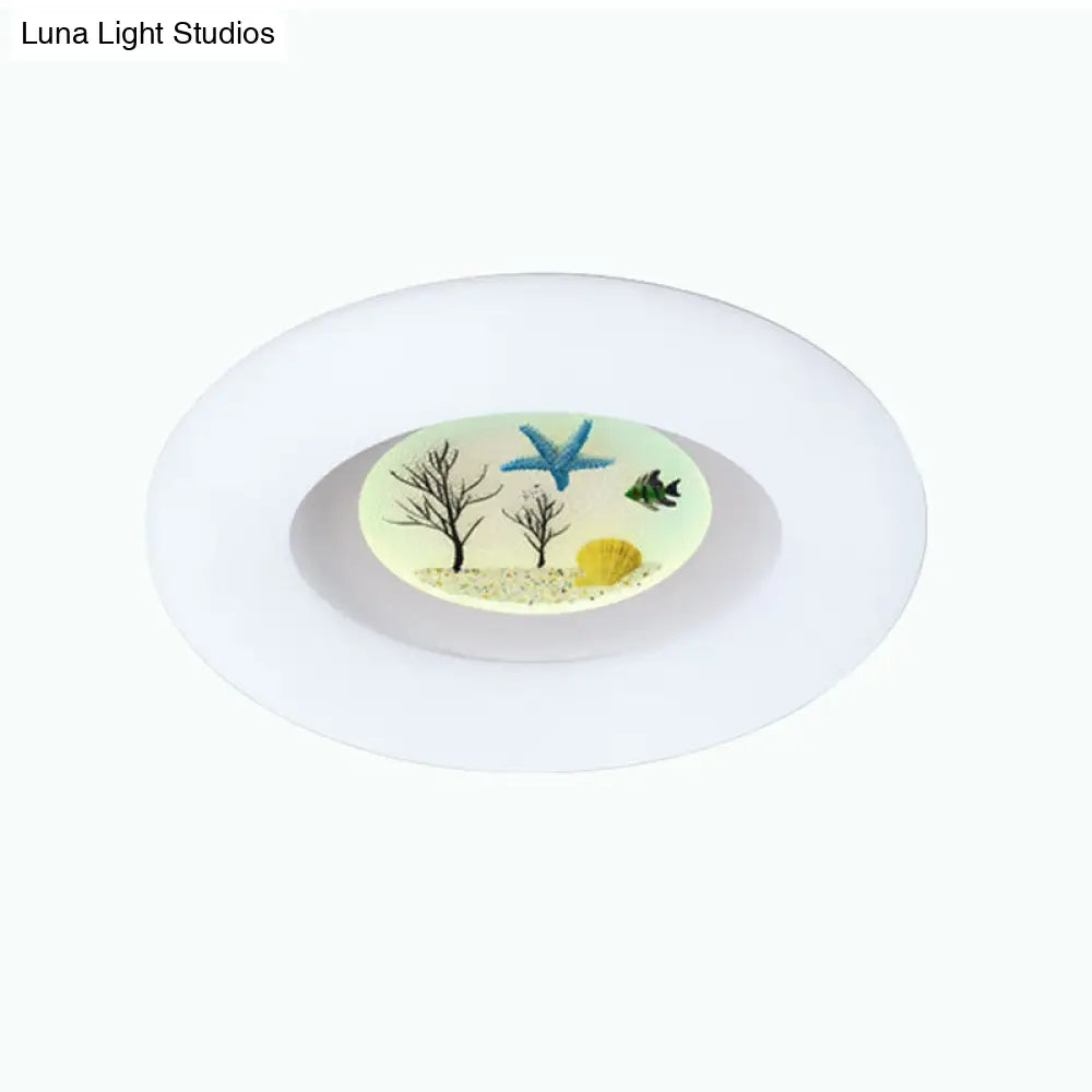 Ocean Pattern Led Flush Mount For Kids Room - White Ring Ceiling Fixture