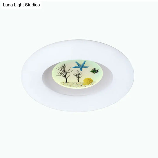 Ocean Pattern Led Flush Mount For Kids Room - White Ring Ceiling Fixture