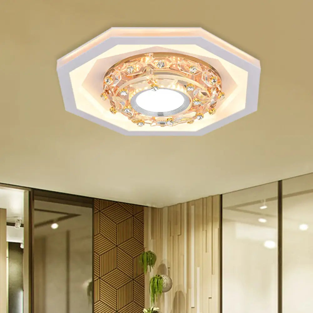 Octagon Small Foyer Ceiling Led Flush Mount Fixture - Elegant Acrylic & Crystal White