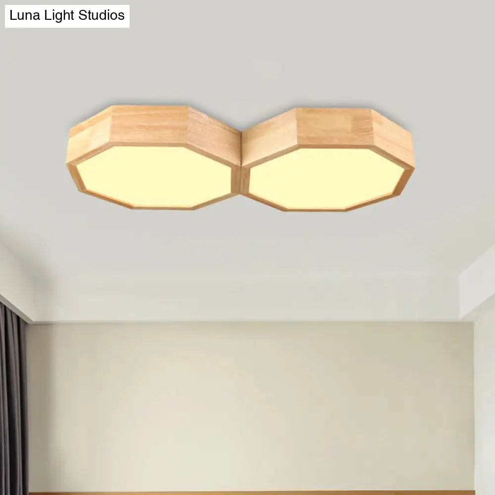 Octagon Twin Ceiling Light Fixture - Nordic Wood Led Flush Mount Lamp For Bedroom