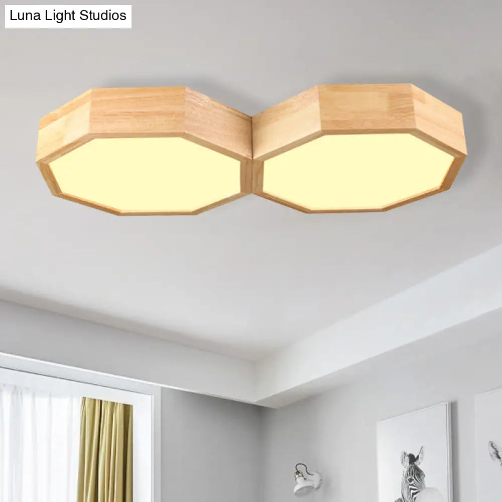 Octagon Twin Ceiling Light Fixture - Nordic Wood Led Flush Mount Lamp For Bedroom