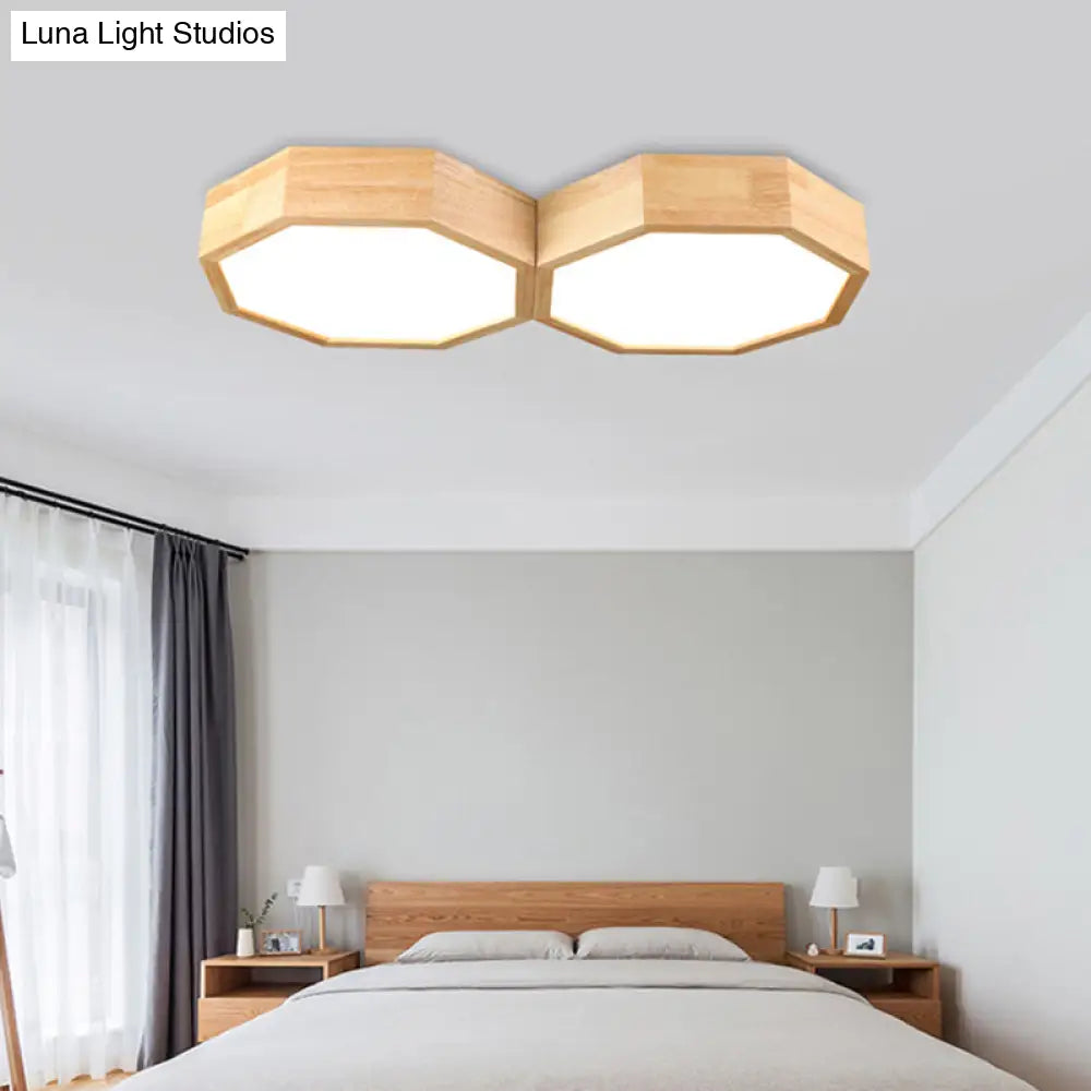 Octagon Twin Ceiling Light Fixture - Nordic Wood Led Flush Mount Lamp For Bedroom