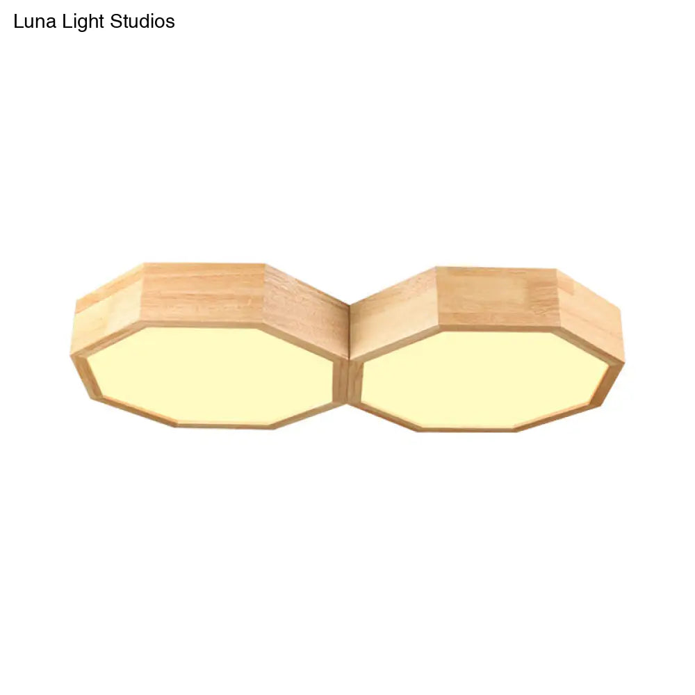 Octagon Twin Ceiling Light Fixture - Nordic Wood Led Flush Mount Lamp For Bedroom