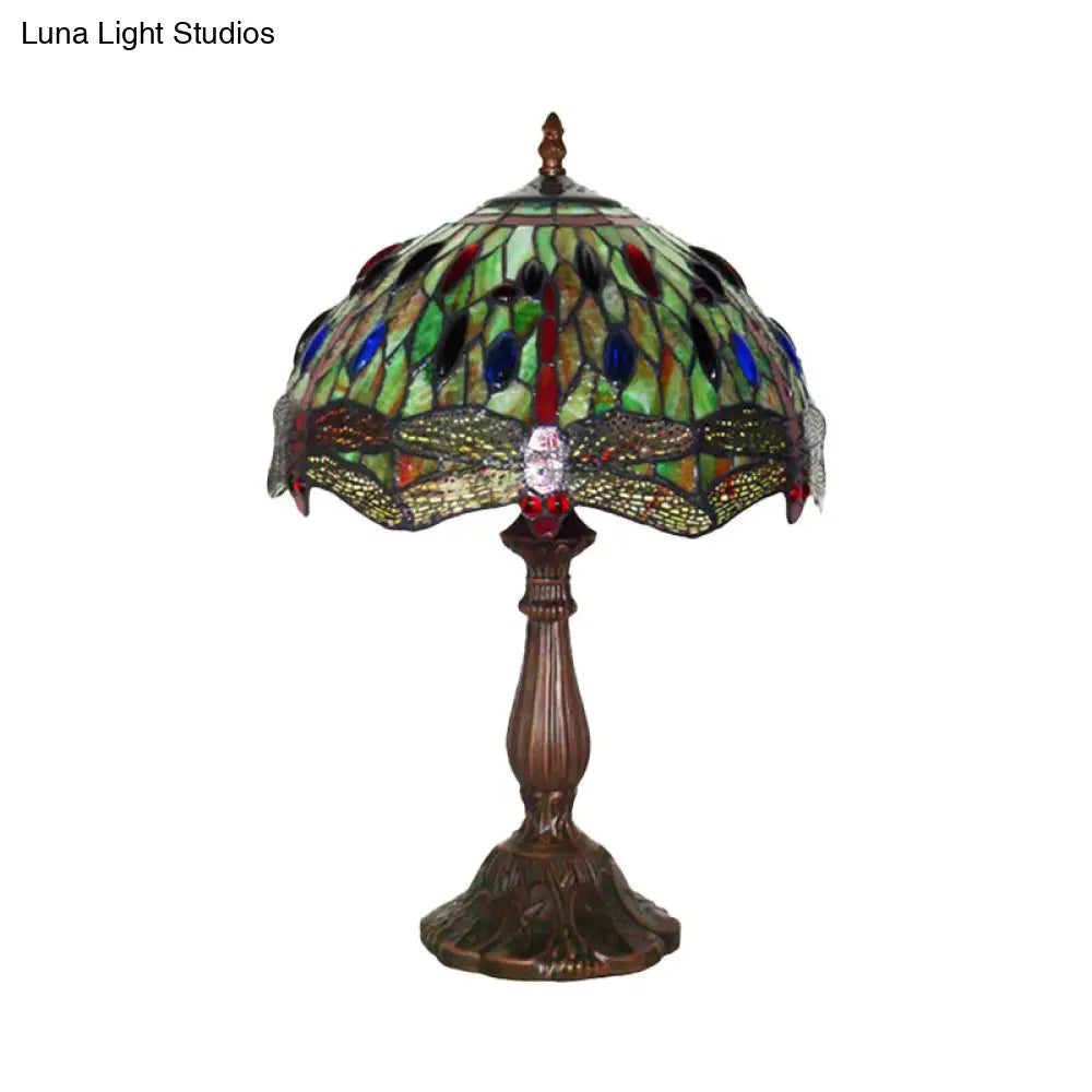 Lounge Night Lamp With Dragonfly Green Stained Glass Shade - Tiffany Bronze Table Light