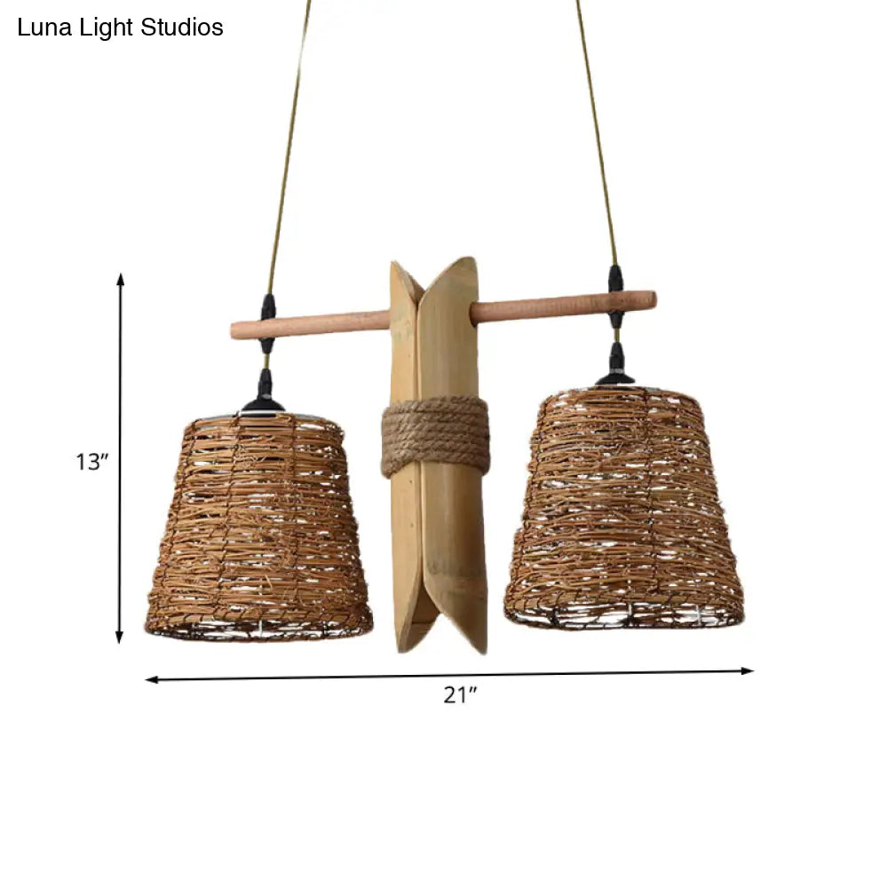 Odile - Farmhouse Rope Barrel Chandelier: Beige Pendant Lamp With Bamboo Panel